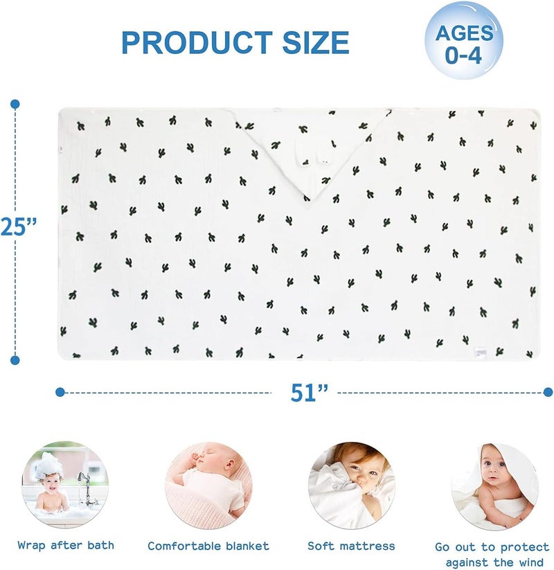 REMASS Hooded Towel Muslin Hooded Towel Made from Organic Cotton 6-Layer Cotton Bath Towel, Soft Bath Towels 25x51inches for Toddler Baby Kids Cactus - Image 2